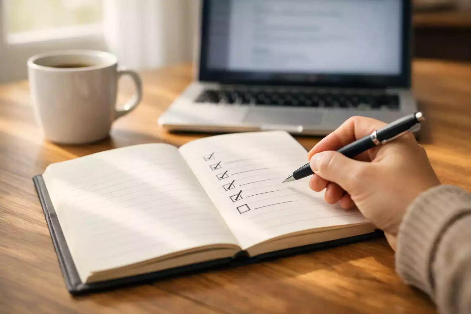 Person mit Notizbuch und Checkliste am Schreibtisch bei der Planung
