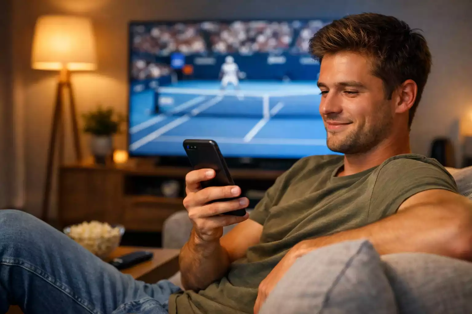 Person auf dem Sofa mit Smartphone schaut ein Tennismatch im Fernsehen