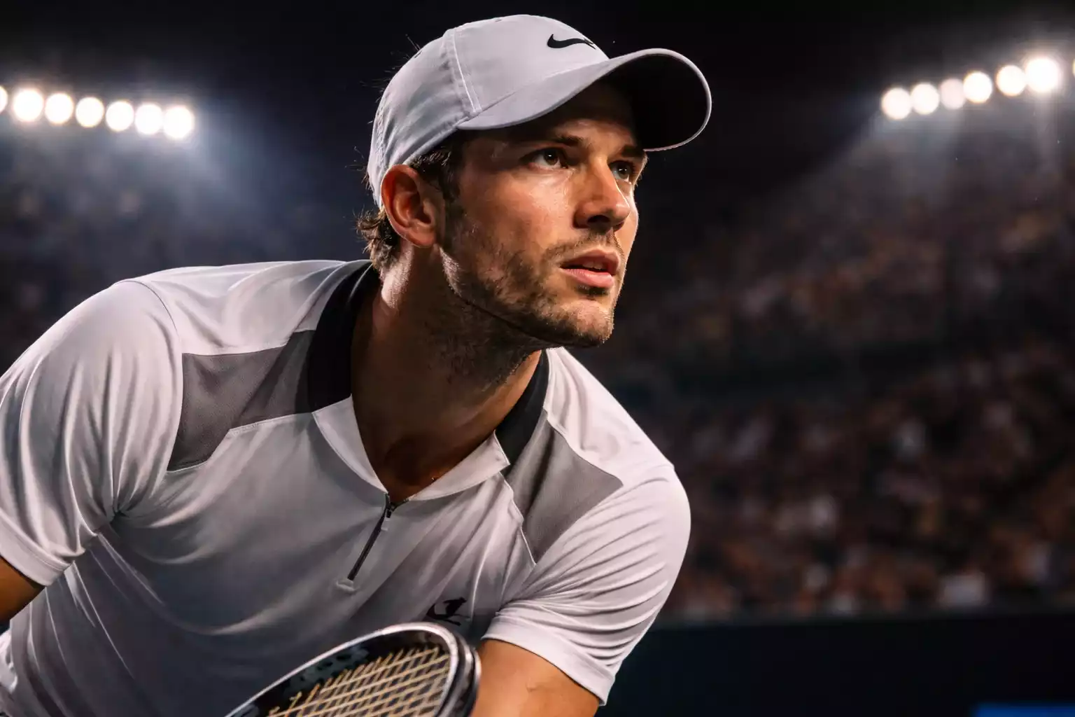 Tennisspieler in intensiver Konzentration vor dem Aufschlag unter Flutlicht