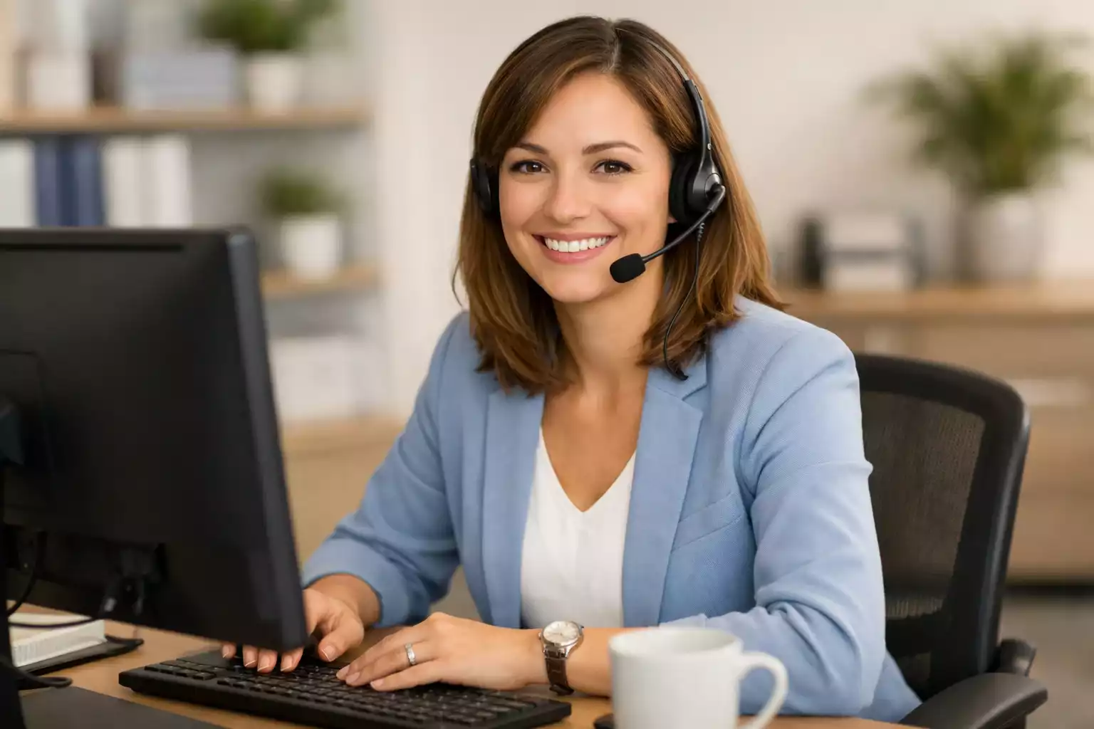Freundliche Kundenservice-Mitarbeiterin mit Headset am Arbeitsplatz
