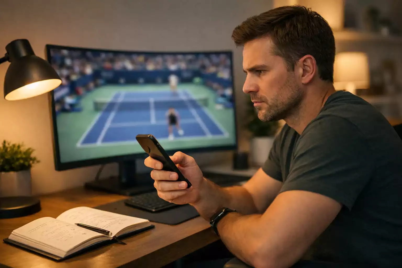 Person analysiert Tennis-Match auf mehreren Bildschirmen mit Echtzeit-Statistiken