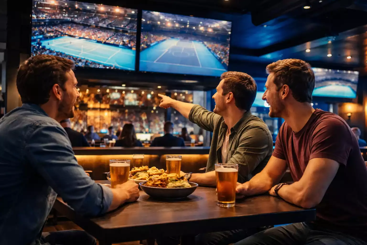 Freunde in einer Sportbar schauen gemeinsam ein Live-Tennismatch auf grossen Bildschirmen
