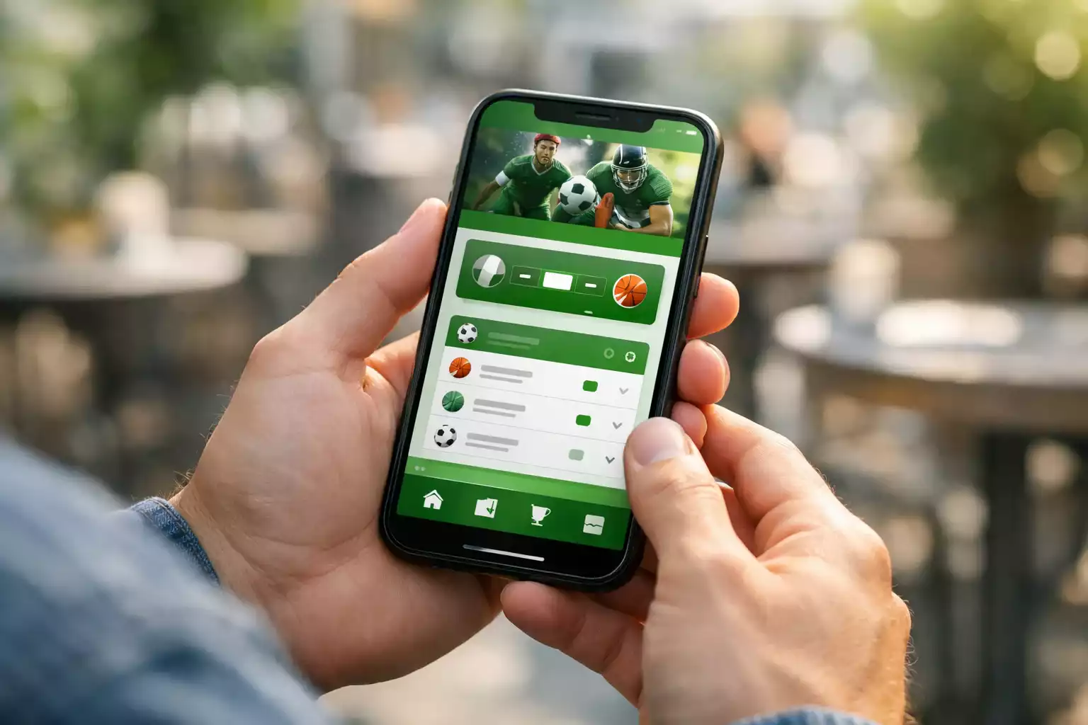 Haende halten ein Smartphone mit einer Sportwetten-App im Freien