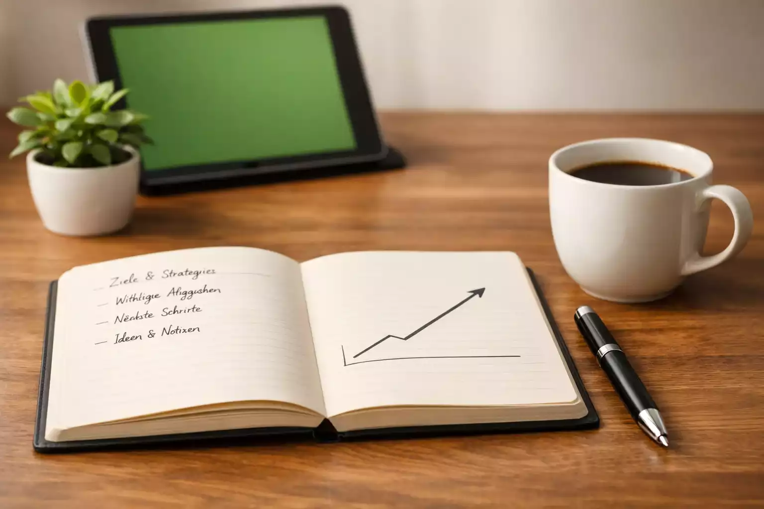 Aufgeräumter Schreibtisch mit Notizbuch und Stift für die Planung des Wett-Budgets