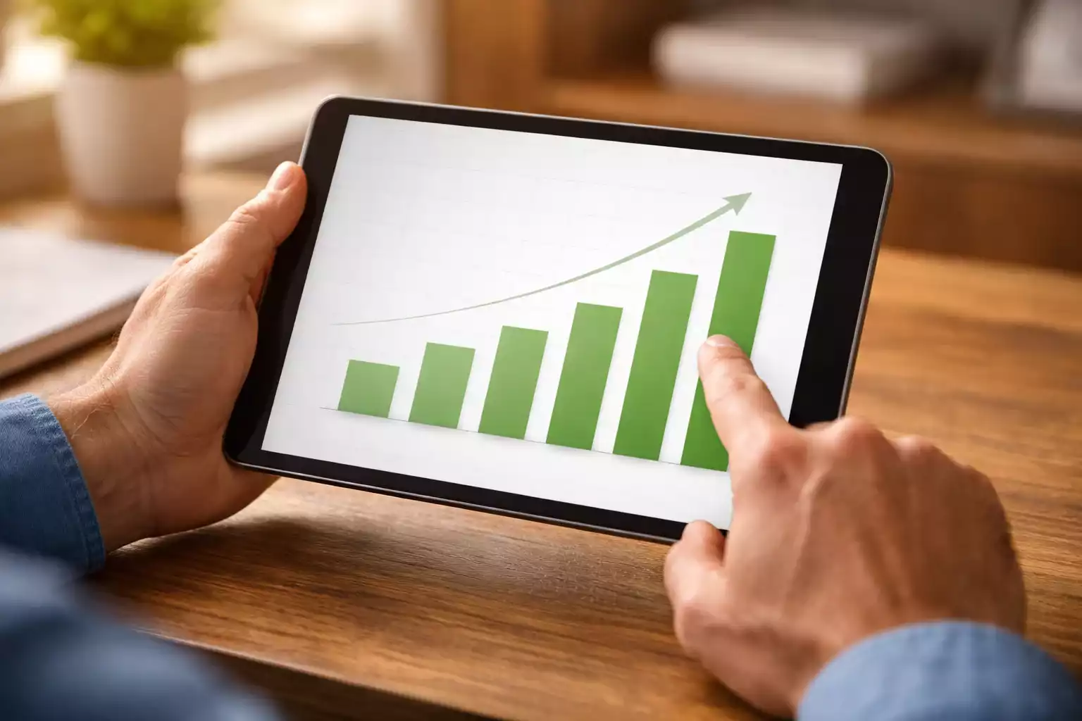 Haende halten ein Tablet mit einem Balkendiagramm zur Quotenanalyse