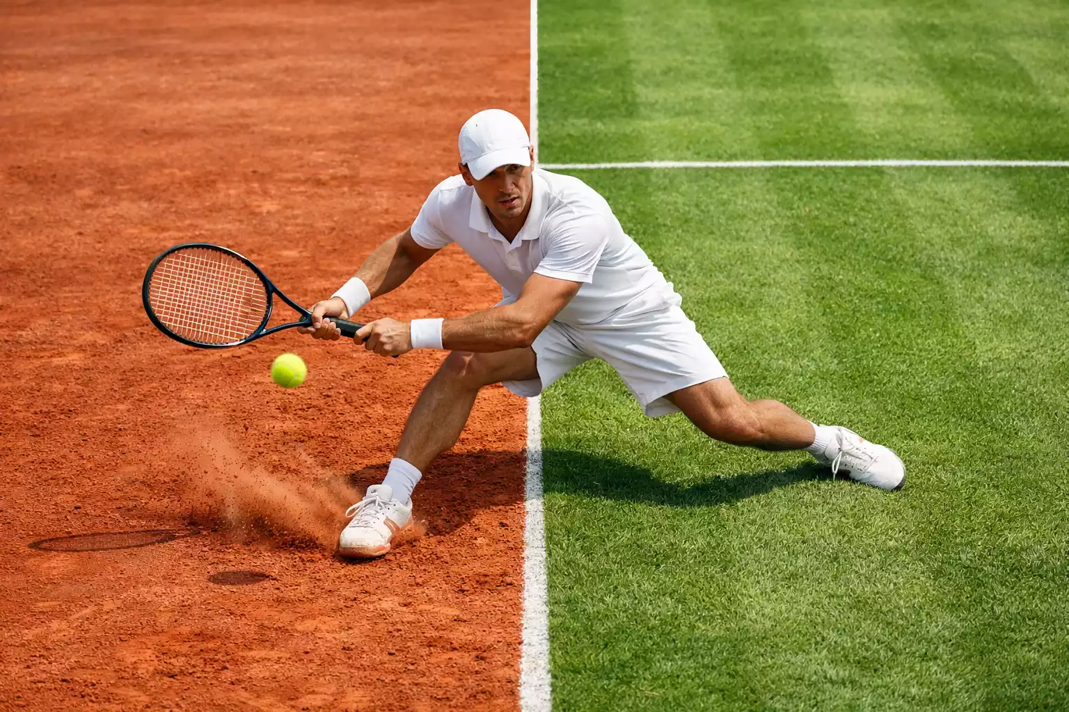 Tennisspieler trainiert auf verschiedenen Belaegen zur Vorbereitung auf Saisonwechsel