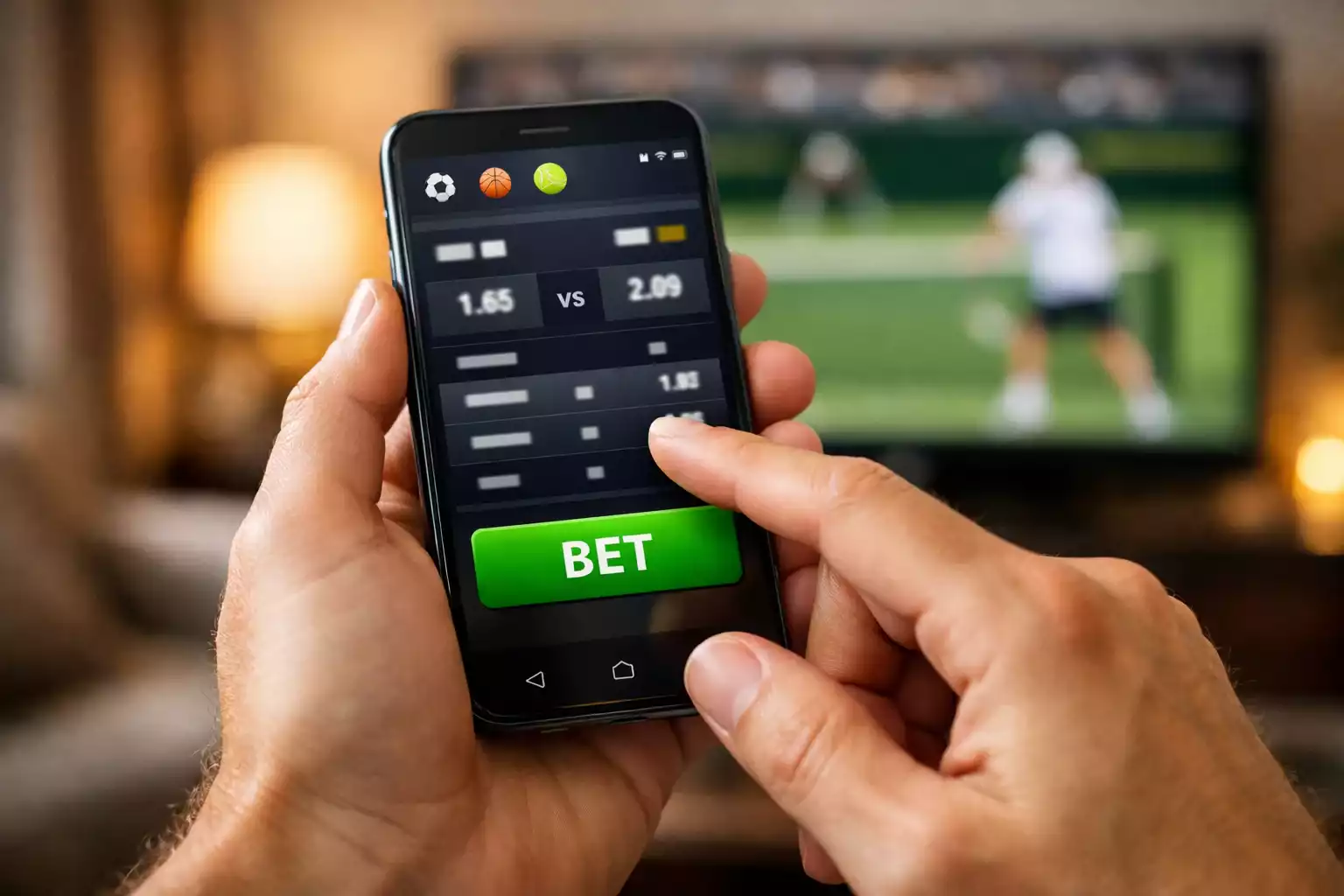 Hand eines Wetters am Smartphone trifft strategische Entscheidung waehrend eines Tennis-Matches