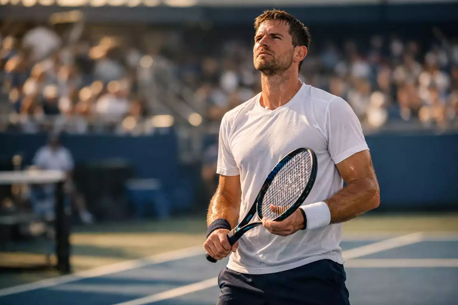 Tennisspieler mit entschlossener Koerpersprache nach verlorenem Satz bereitet sich auf Comeback vor