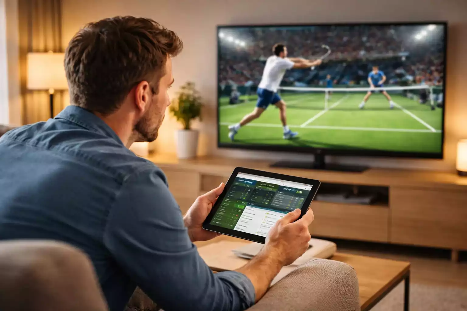 Person schaut Tennis auf dem Fernseher und haelt dabei ein Tablet