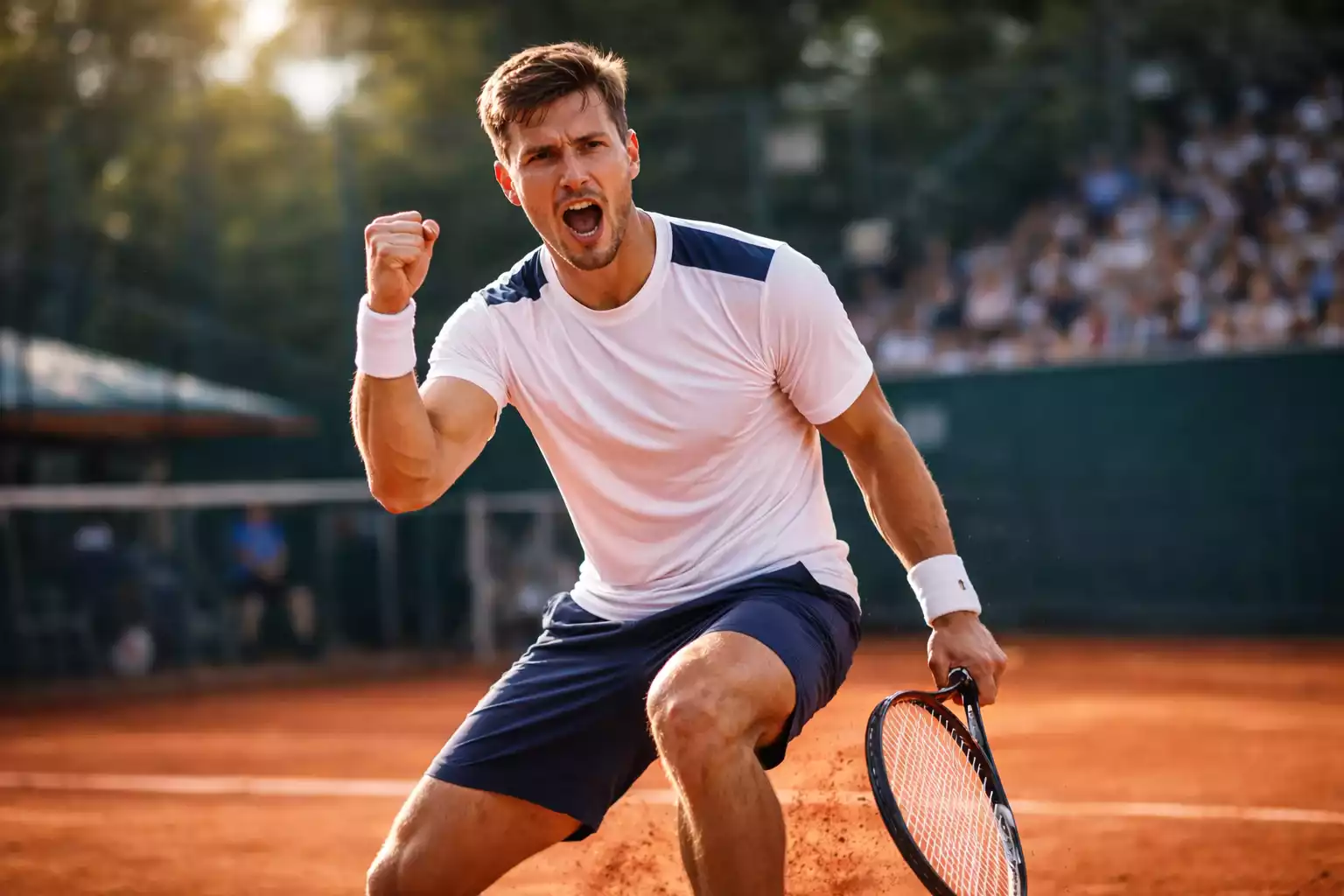 Tennisspieler feiert gewonnenen Punkt mit erhobener Faust und positiver Koerpersprache