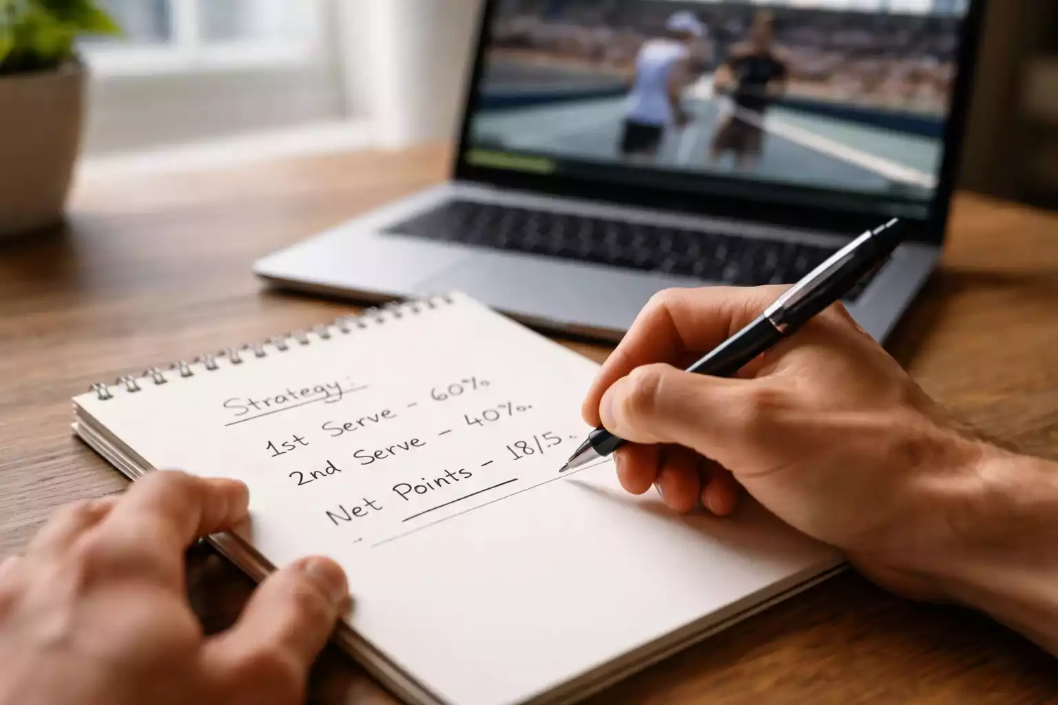 Haende mit Stift ueber einem Notizblock beim Analysieren von Sportdaten