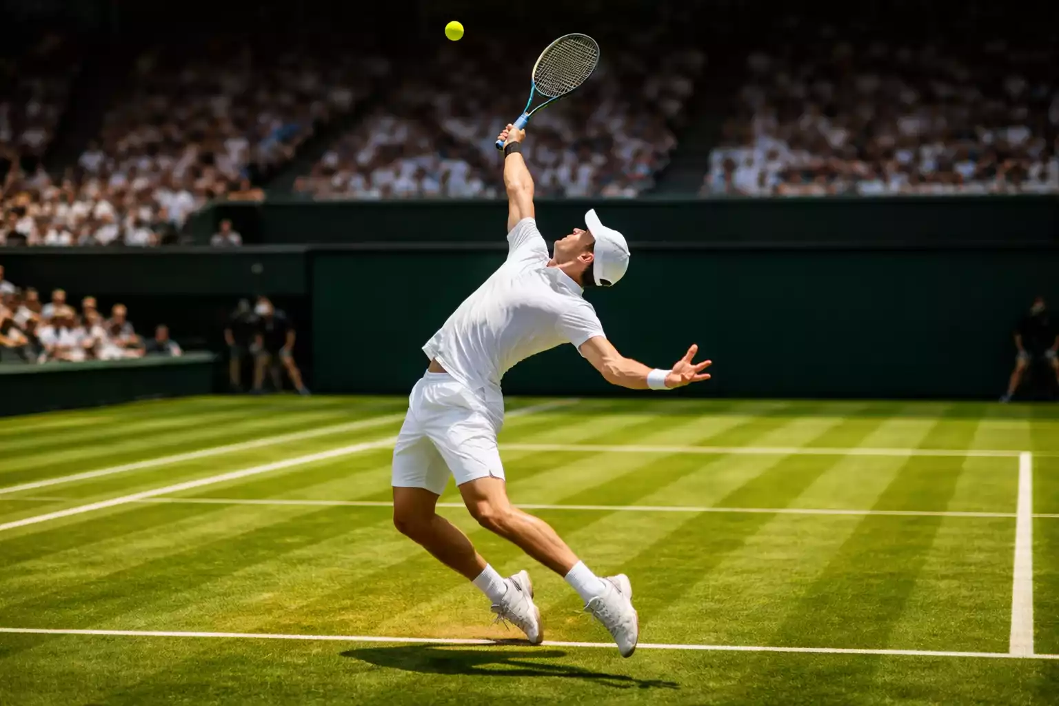 Tennisspieler beim kraftvollen Aufschlag auf gruenem Rasenplatz in Wimbledon-Atmosphaere