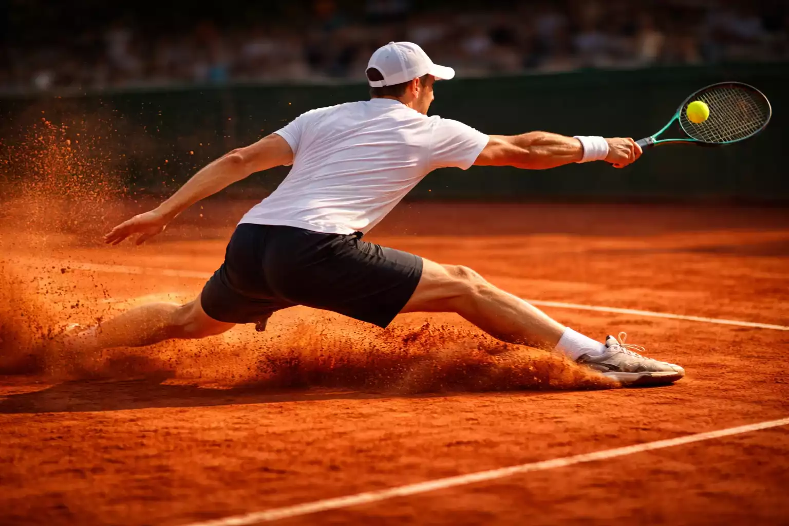 Tennisspieler gleitet auf rotem Sandplatz mit charakteristischer Staubwolke