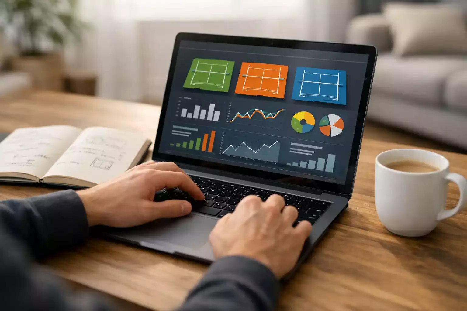 Person analysiert Tennisstatistiken und Belagdaten auf Laptop fuer strategische Wettplanung