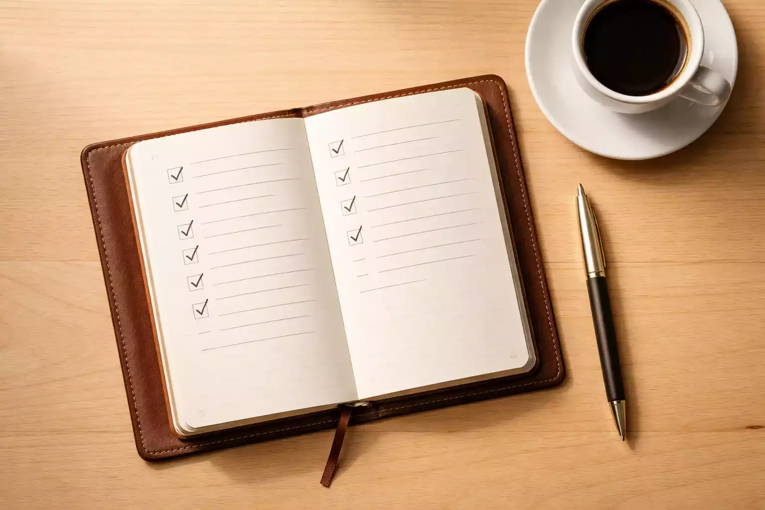 Notizbuch mit Checkliste und Stift auf einem Holztisch von oben