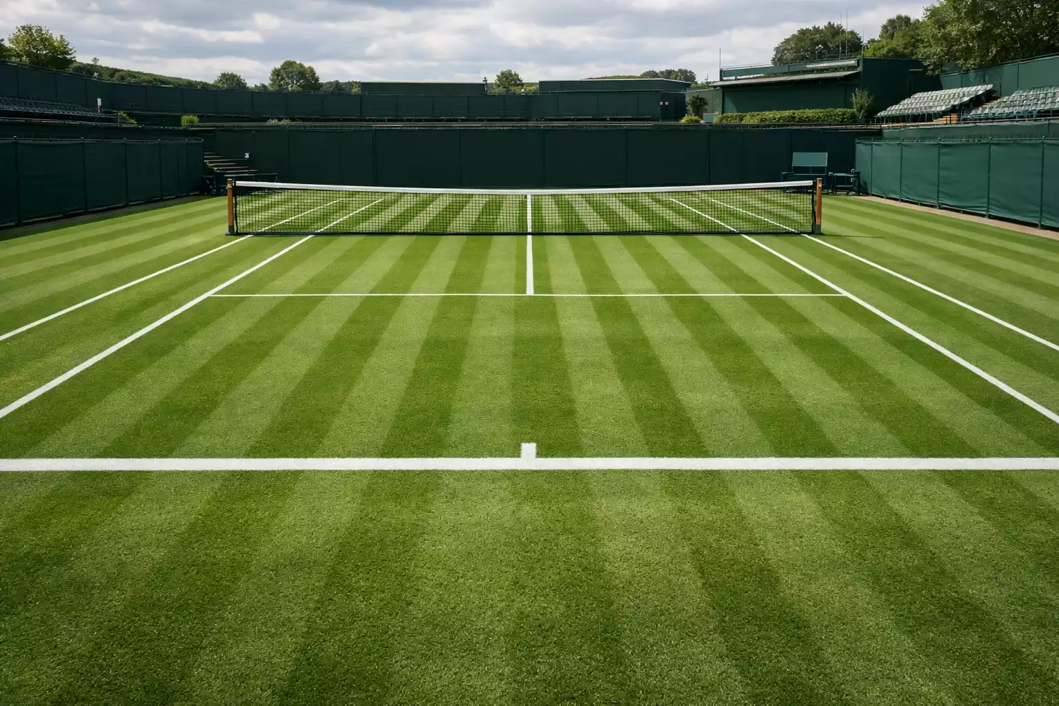 Gepflegter Rasen-Tennisplatz in Wimbledon mit klassischen gruenen Streifen und weissen Linien